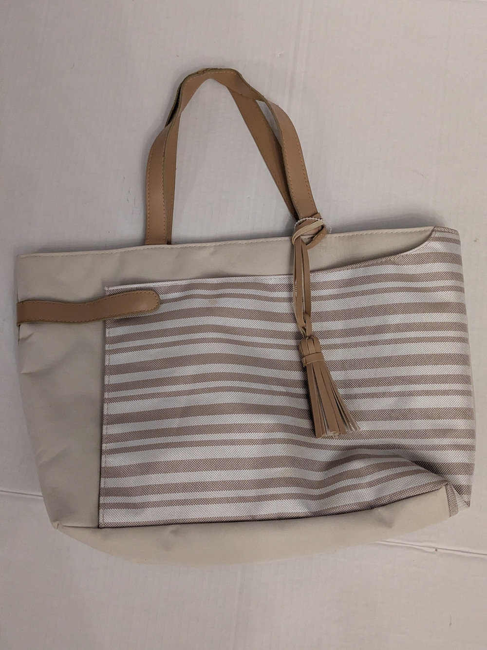 Lancome Beige and Cream Striped Tote with Tassel